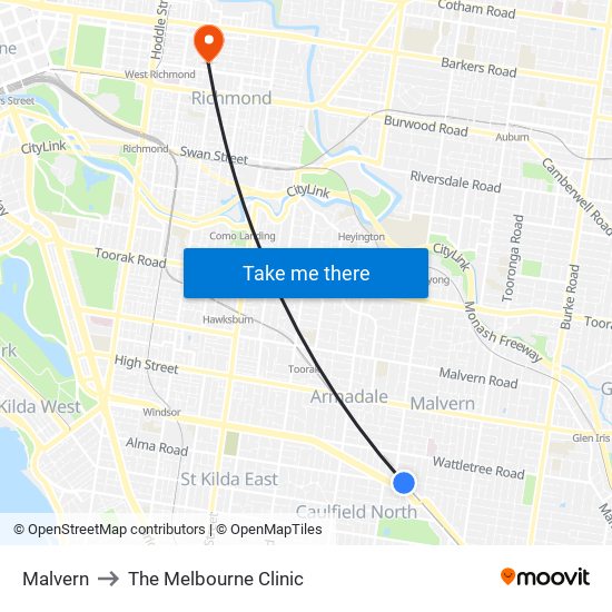 Malvern to The Melbourne Clinic map