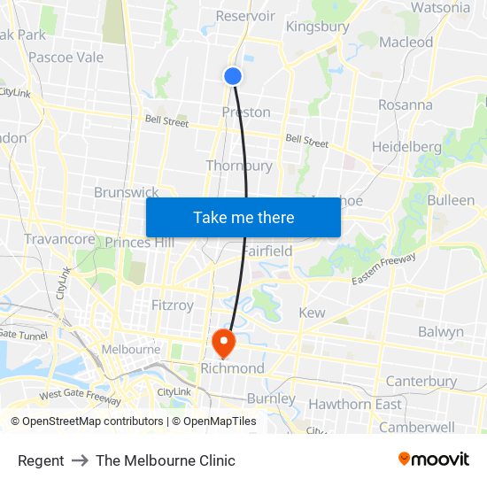 Regent to The Melbourne Clinic map