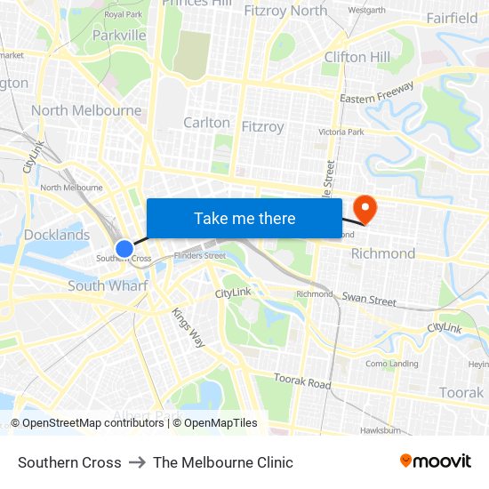 Southern Cross to The Melbourne Clinic map