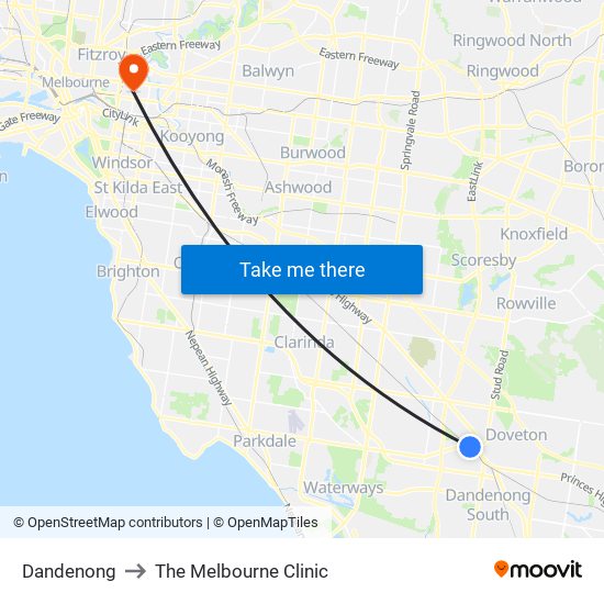 Dandenong to The Melbourne Clinic map