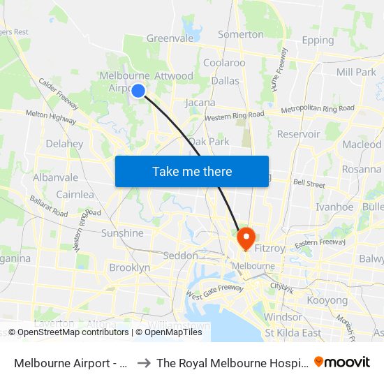 Melbourne Airport - Bal to The Royal Melbourne Hospital map