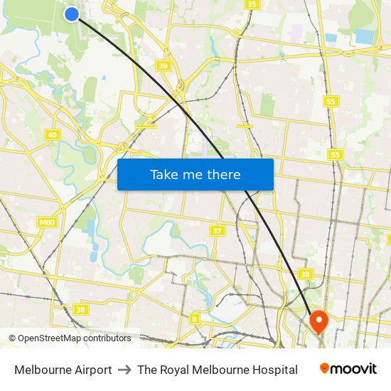 Melbourne Airport to The Royal Melbourne Hospital map