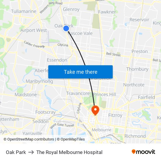Oak Park to The Royal Melbourne Hospital map