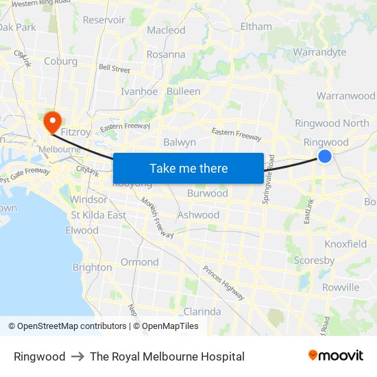 Ringwood to The Royal Melbourne Hospital map