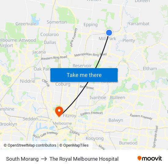 South Morang to The Royal Melbourne Hospital map