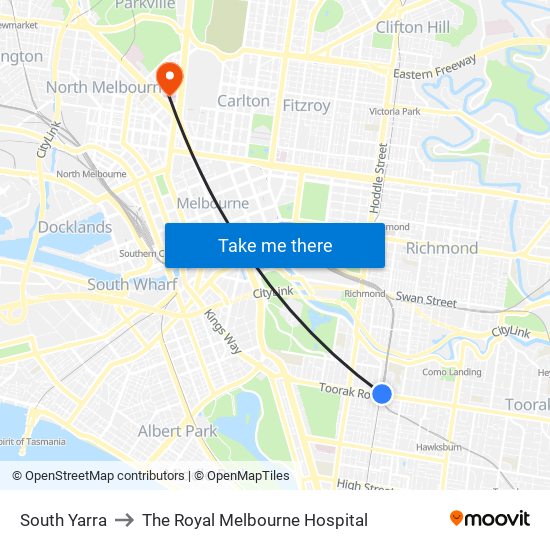 South Yarra to The Royal Melbourne Hospital map