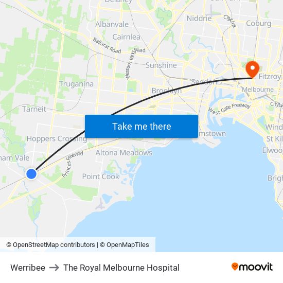 Werribee to The Royal Melbourne Hospital map