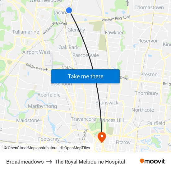 Broadmeadows to The Royal Melbourne Hospital map