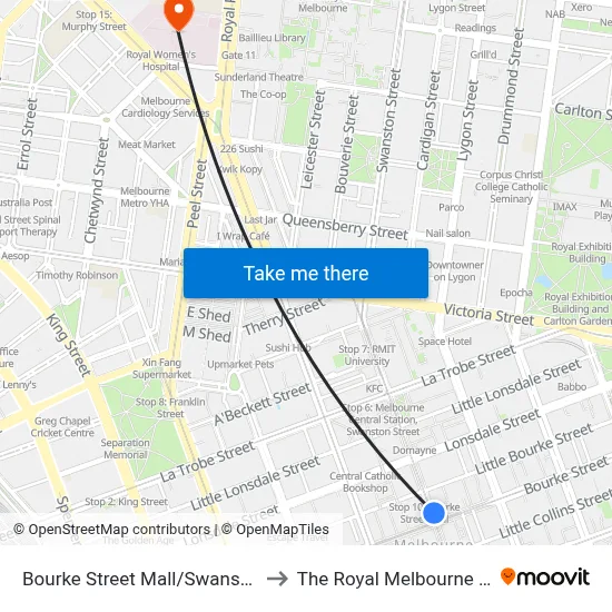 Bourke Street Mall/Swanston St #10 to The Royal Melbourne Hospital map