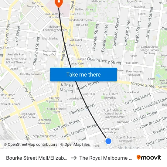 Bourke Street Mall/Elizabeth St #3 to The Royal Melbourne Hospital map