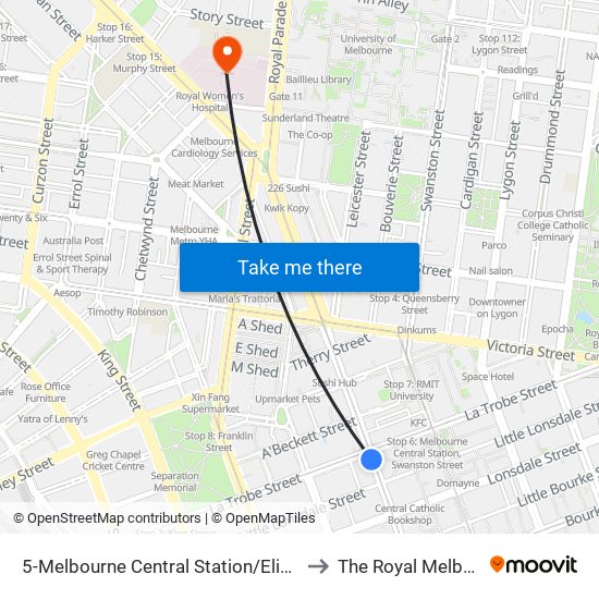 5-Melbourne Central Station/Elizabeth St (Melbourne City) to The Royal Melbourne Hospital map