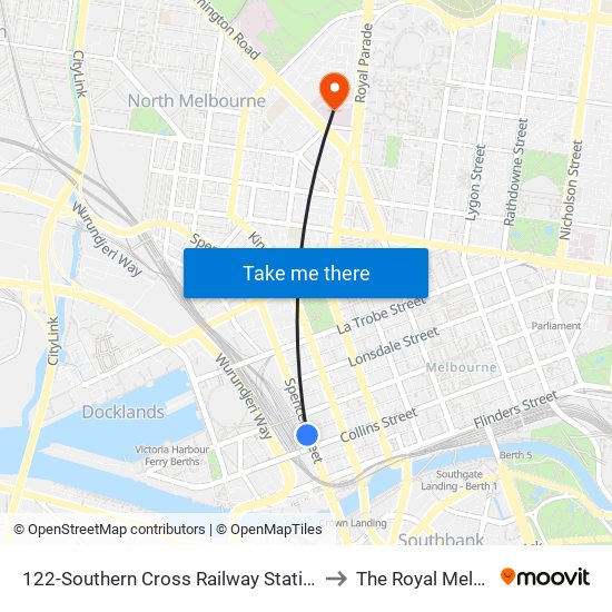 122-Southern Cross Railway Station/Spencer St (Melbourne City) to The Royal Melbourne Hospital map