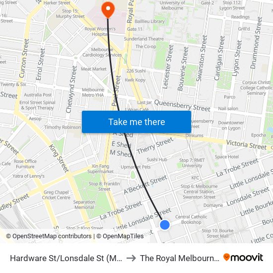 Hardware St/Lonsdale St (Melbourne City) to The Royal Melbourne Hospital map