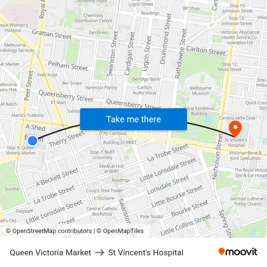 Queen Victoria Market to St Vincent's Hospital map