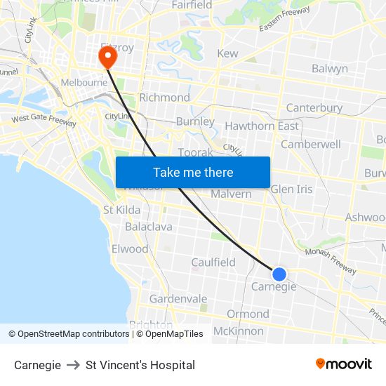 Carnegie to St Vincent's Hospital map