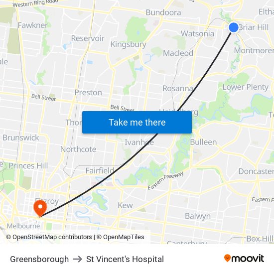 Greensborough to St Vincent's Hospital map