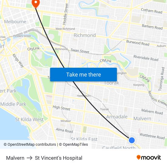 Malvern to St Vincent's Hospital map