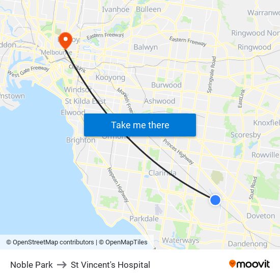 Noble Park to St Vincent's Hospital map