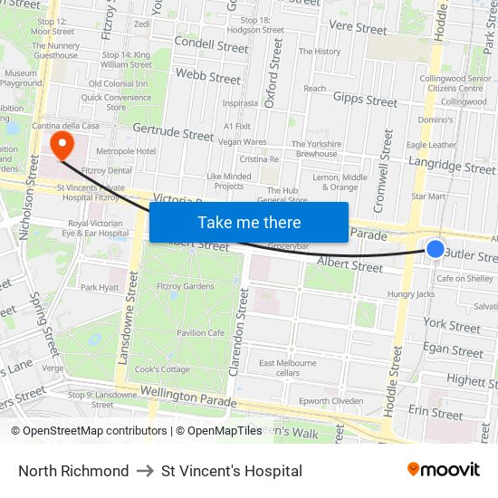 North Richmond to St Vincent's Hospital map