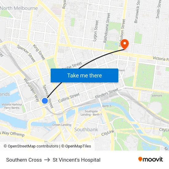 Southern Cross to St Vincent's Hospital map