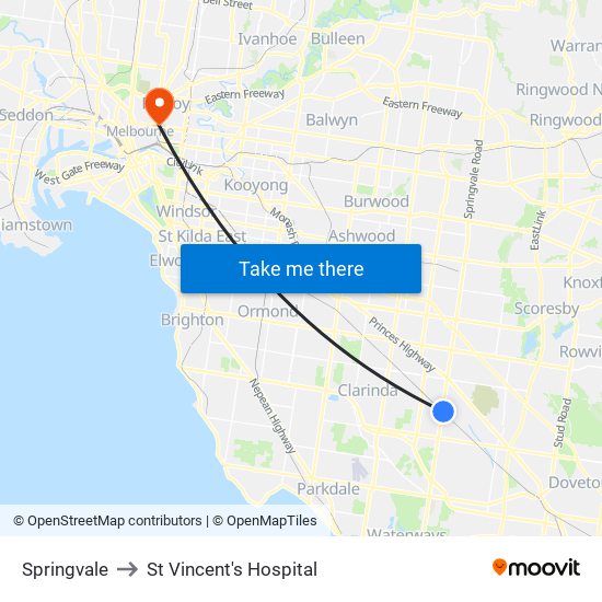 Springvale to St Vincent's Hospital map