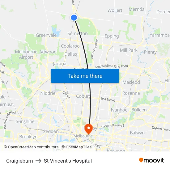 Craigieburn to St Vincent's Hospital map