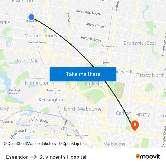Essendon to St Vincent's Hospital map