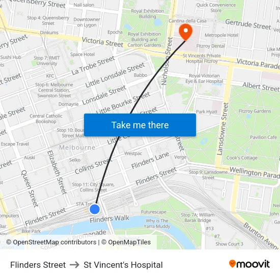 Flinders Street to St Vincent's Hospital map