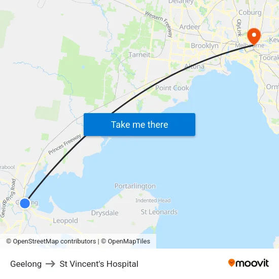 Geelong to St Vincent's Hospital map