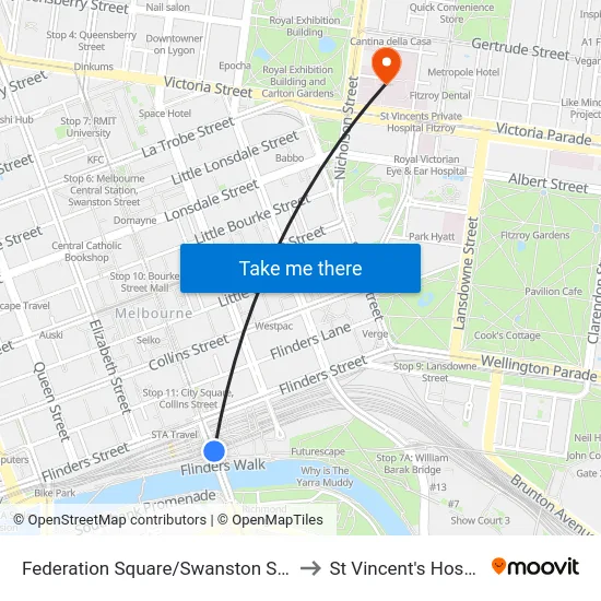Federation Square/Swanston St #13 to St Vincent's Hospital map