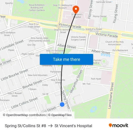 Spring St/Collins St #8 to St Vincent's Hospital map