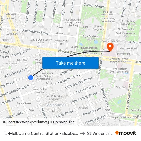 5-Melbourne Central Station/Elizabeth St (Melbourne City) to St Vincent's Hospital map