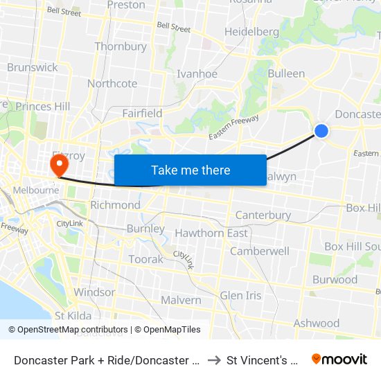 Doncaster Park + Ride/Doncaster Rd (Doncaster) to St Vincent's Hospital map