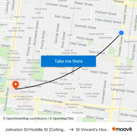 Johnston St/Hoddle St to St Vincent's Hospital map