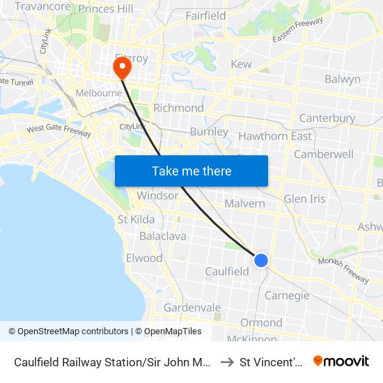 Caulfield Railway Station/Sir John Monash Dr (Caulfield East) to St Vincent's Hospital map