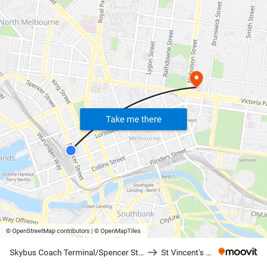 Skybus Coach Terminal/Spencer St (Melbourne City) to St Vincent's Hospital map