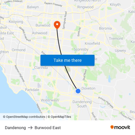 Dandenong to Burwood East map