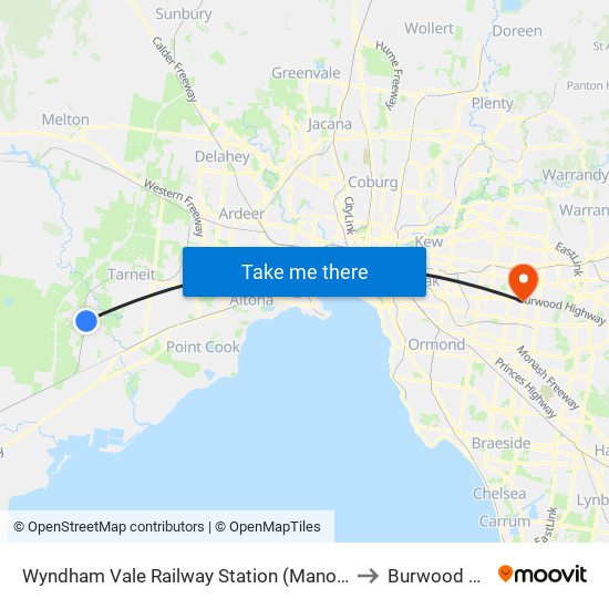 Wyndham Vale Railway Station (Manor Lakes) to Burwood East map