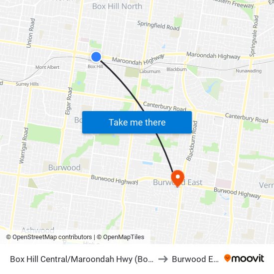 Box Hill Central/Maroondah Hwy (Box Hill) to Burwood East map