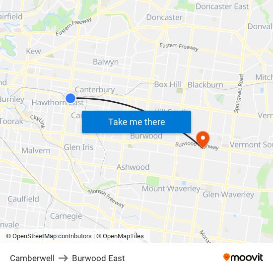 Camberwell to Burwood East map
