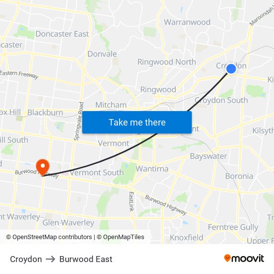 Croydon to Burwood East map