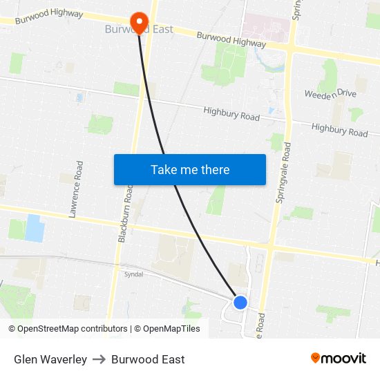 Glen Waverley to Burwood East map