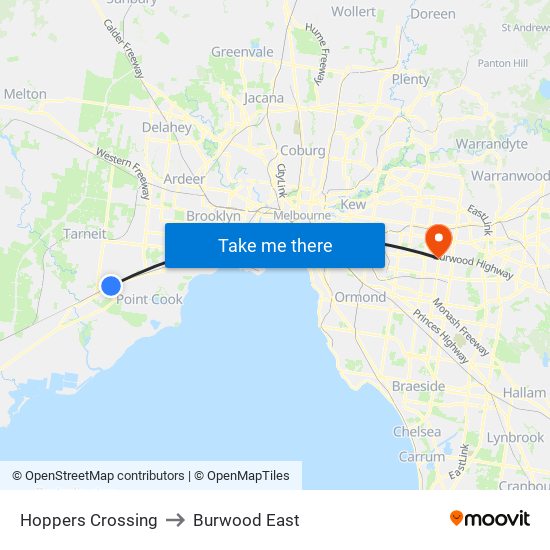Hoppers Crossing to Burwood East map