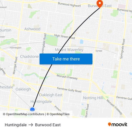 Huntingdale to Burwood East map