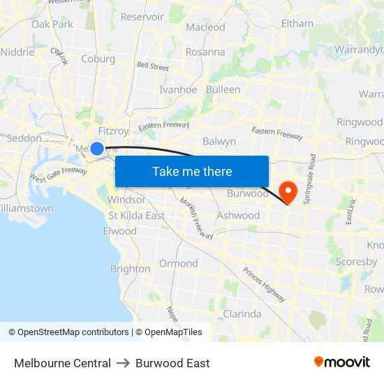 Melbourne Central to Burwood East map