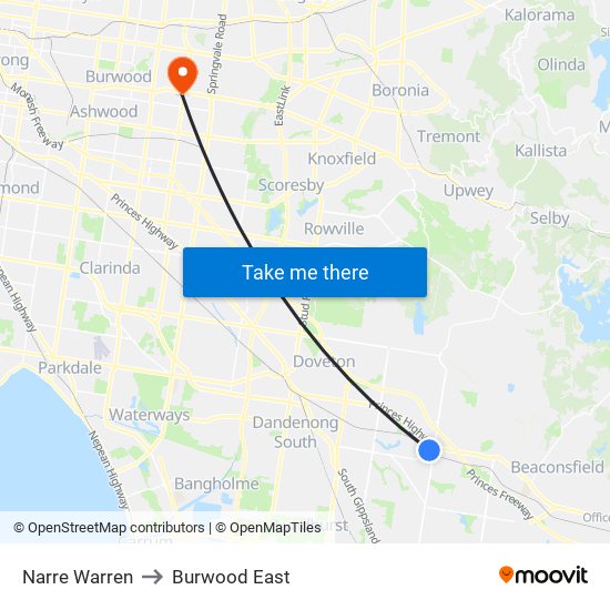 Narre Warren to Burwood East map
