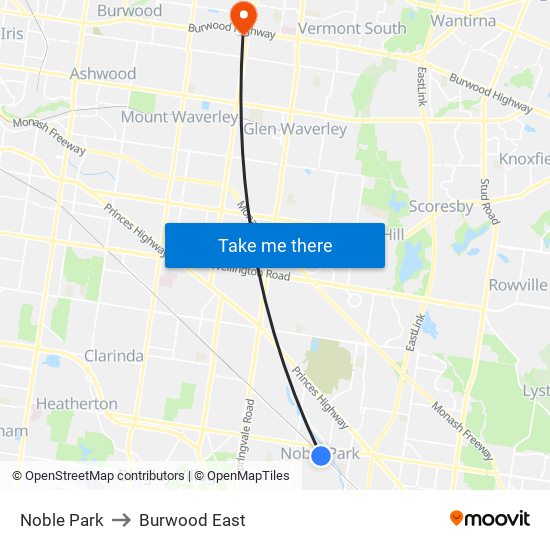 Noble Park to Burwood East map