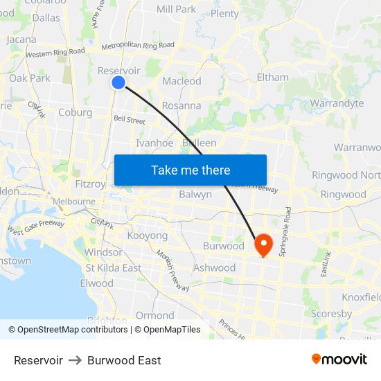 Reservoir to Burwood East map