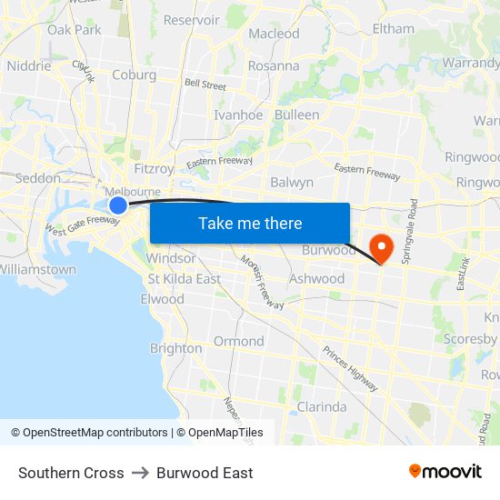 Southern Cross to Burwood East map