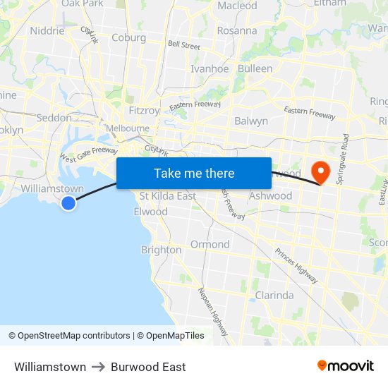 Williamstown to Burwood East map